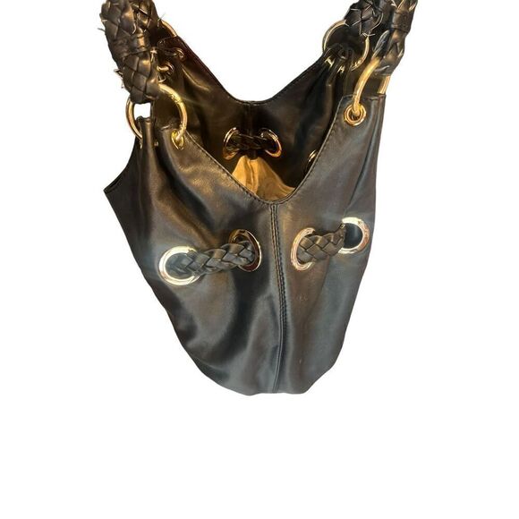 Michael Kors black leather hobo braided handle shoulder bag bucket tassel - Picture 6 of 8